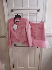 Balmain Girls 14Y NEW Tweed Pink Gold Button Skirt Set Suit