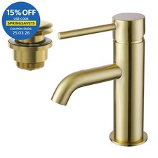Cloakroom Basin Mixer Tap & Waste Set - Round Single Lever - Brushed Brass