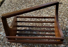 Vtg Dark Wood Sla Open Basket Magazine Rack Holder Curved Angled Handcrafted