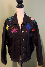 Carole Little Embroidered Black Denim Jean Jacket 90s Retro W Size 10 Costume