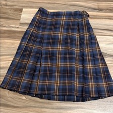Talbots Vintage Pleated Wool Skirt Women s Sz. 6 Plaid Brown Blue Knee Length