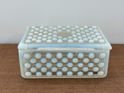 Vintage Anchor Hocking Moonstone Hobnail Glass Trinket Box Jar White Opalescent