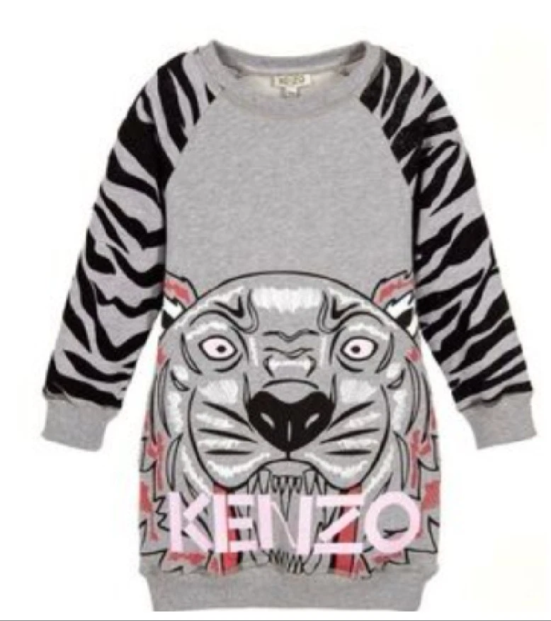Kenzo Paris Girl Teen 16 Gray Tiger Logo Sweatshirt Dress Cotton Kidcore kitschy