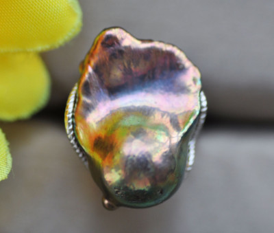 25mm Peacock-Black Baroque Reborn Keshi Pearl Ring