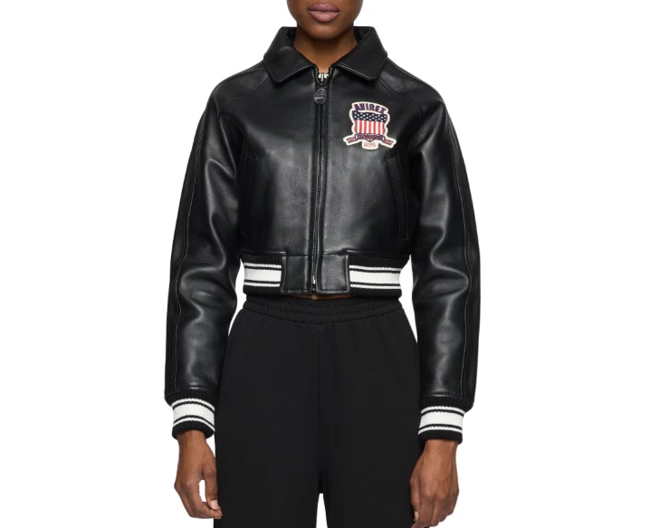 Avirex Women’s Cropped Varsity Leather Jacket Black Bomber Patch Logo Limited - Image 3 of 4