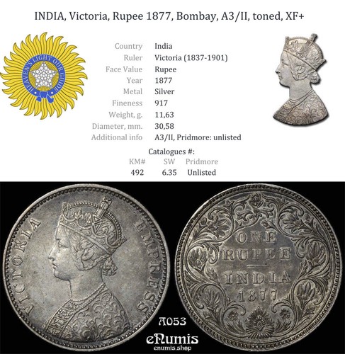 INDIA, Victoria, Rupee 1877, Bombay, A3/II, toned, unlisted in Pridmore, XF+ - Picture 4 of 6