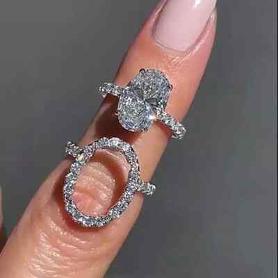 Moissanite Bridal Set Engagement Ring Oval Cut 14K White Gold Plated 3Carat VVS1