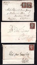 IRELAND 1851 UK BELFAST S.G. 8 ON THREE COVERS ONE WITH PAIR TO BRISTOL & INTER