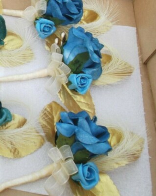 Rose/Gold Blätter - Blau; Türkis; Grün; Gold - Knopfloch/Corsage - 4 Farben