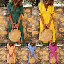 Women Summer Tie Waist Midi Dress V Neck Short Bow Sleeve Sundress Beach Casual