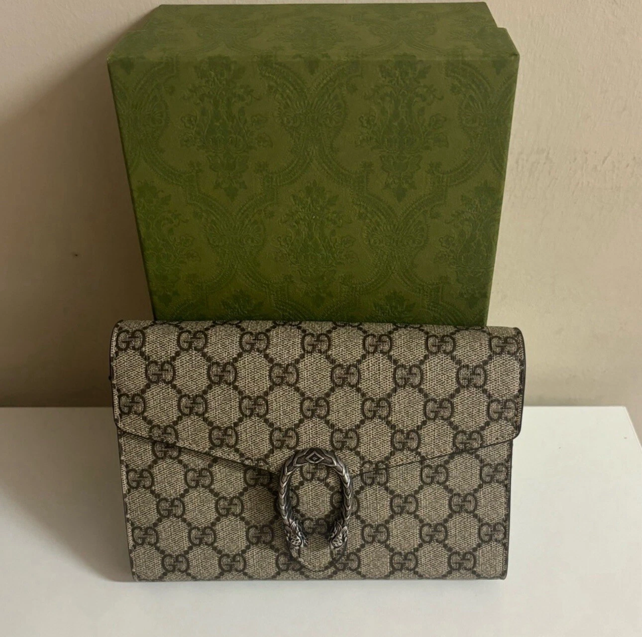 GUCCI Dionysus GG Supreme Bandoulière Chaîne Portefeuille Toile, Beige/Taupe