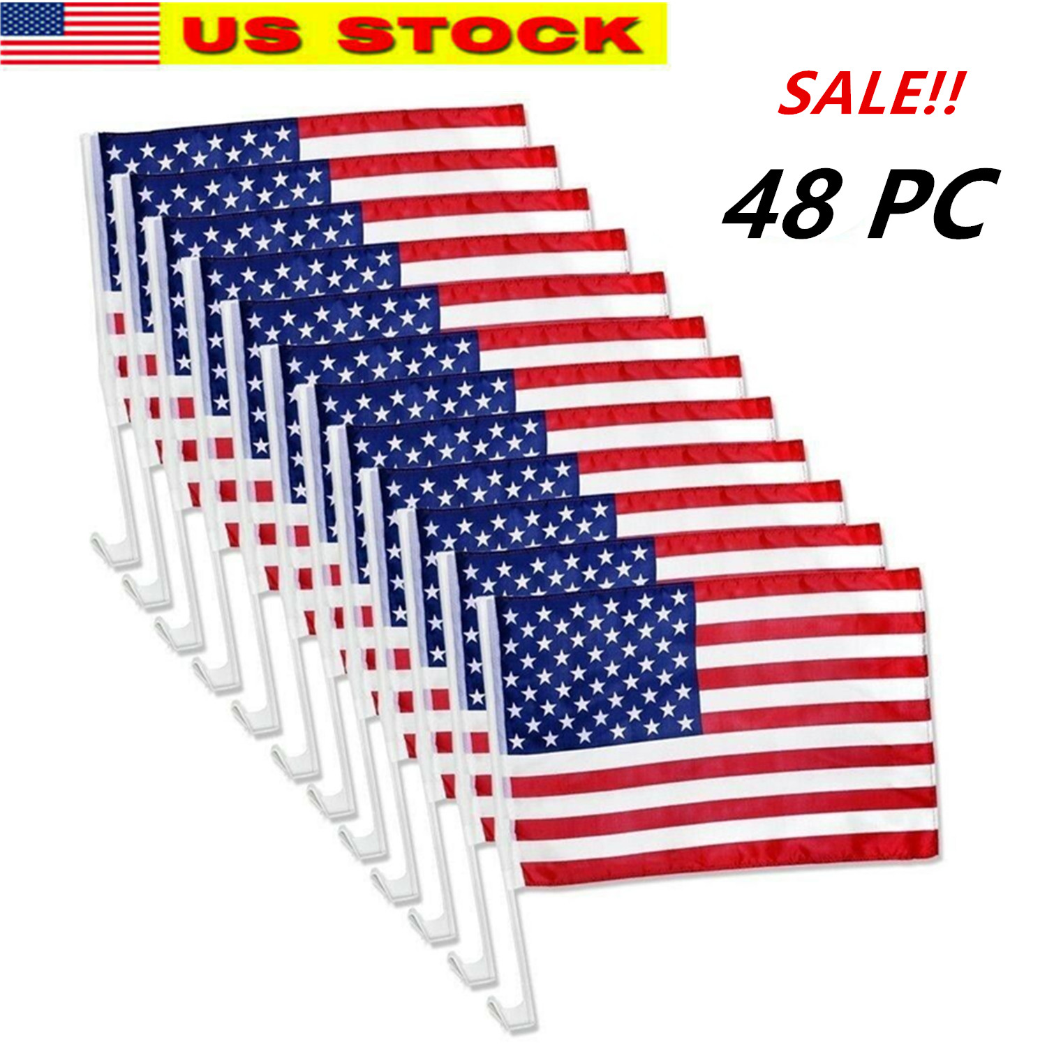 48 Pack Lot 12x17 USA Flags Car Window Clip On Fan Banners Cars Flag US Seller