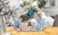 7"W Blue Sea Turtle Swimming Around Coral Figurine Home Decor Unique Gift