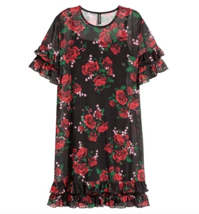 open lace back dress Loop Mesh Semi Sheer Printed Babydoll Dress in Brown & Pink Strawberry  Blossom