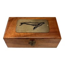 6-1/4" Wood Box with Antiqued Brass Humpback Whale Plate, Whale Gift Box