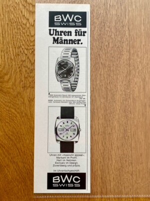 BWC Swiss Uhren für Männer Original 1968 Vintage Watch Advert Werbung Reklame