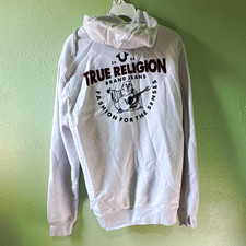 True Religion Men's women s White Full Zip up Hoodie Graphic Fleece Size L