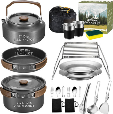 18Pcs Camping Cookware Mess Kit, 7.8  Nonstick Camp Cooking Utensil Set (Pot, P