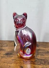 *RARE* FENTON Handmade in USA 5" Red Iridescent Stretch Glass Cat + Tag/Sticker
