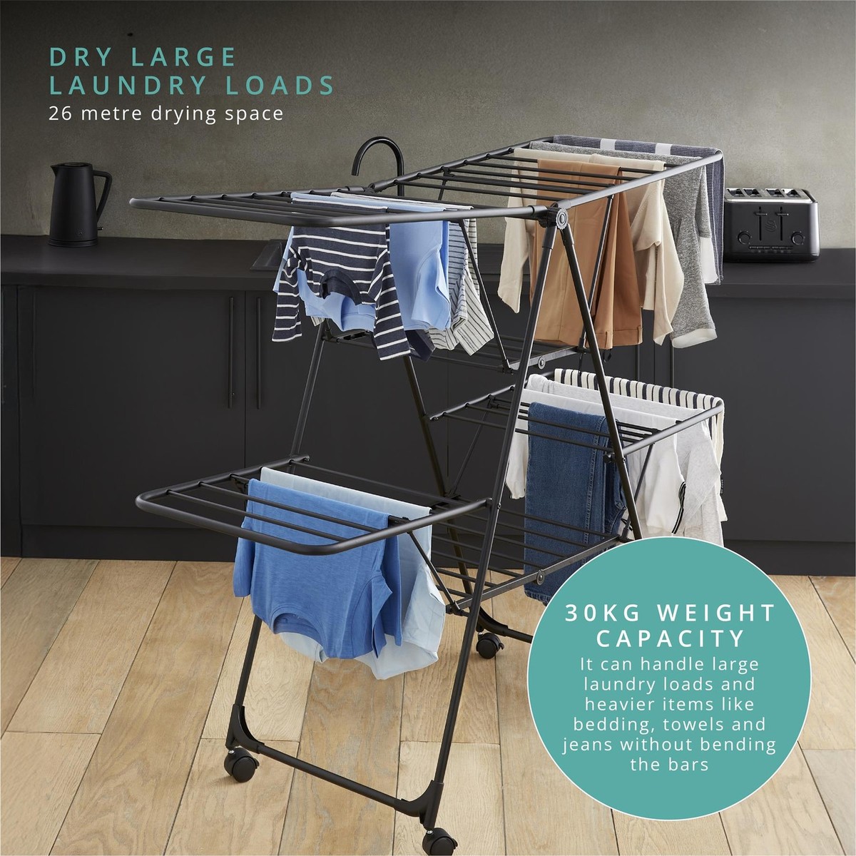 Swan Stealth Jumbo Collapsible Clothes Airer, Black SWLC1003BLKN