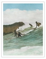 Surf Riding at Waikiki Beach, Honolulu, Hawaii - Vintage Hand-Colored 1925