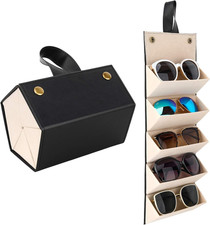 5 Slots Travel Sunglasses Organizer, Foldable PU Leather Eyeglasses Case, Hangin