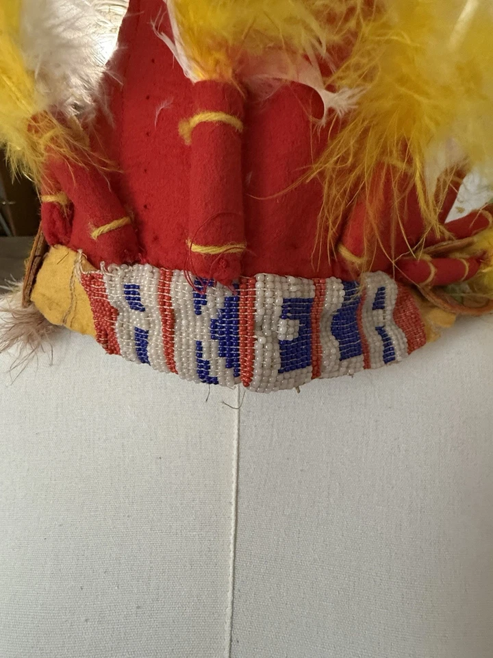 Yellow Feather Headdress VTG Replica Beaded Headband Festival Costume 64” Long - Image 3 of 4