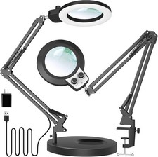 KIRKAS 10X Magnifying Glass with Light and Stand, Base Clamp, Black