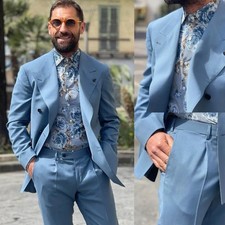 Men's Solid Blue Groom Wedding Suits Slim Fit Wide Peaked Lapel Jacket Trousers