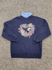 GOPHER Sport Sweater Sweatshirt Women Large Blue Flower Bird Heart Granny VTG