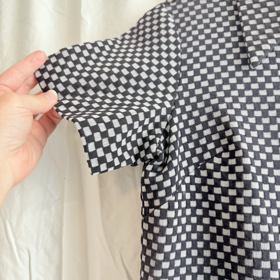 70s Sears Polyester Dagger Collar DISCO Shirt Half Zip Checkered Black White - Image 4 of 4