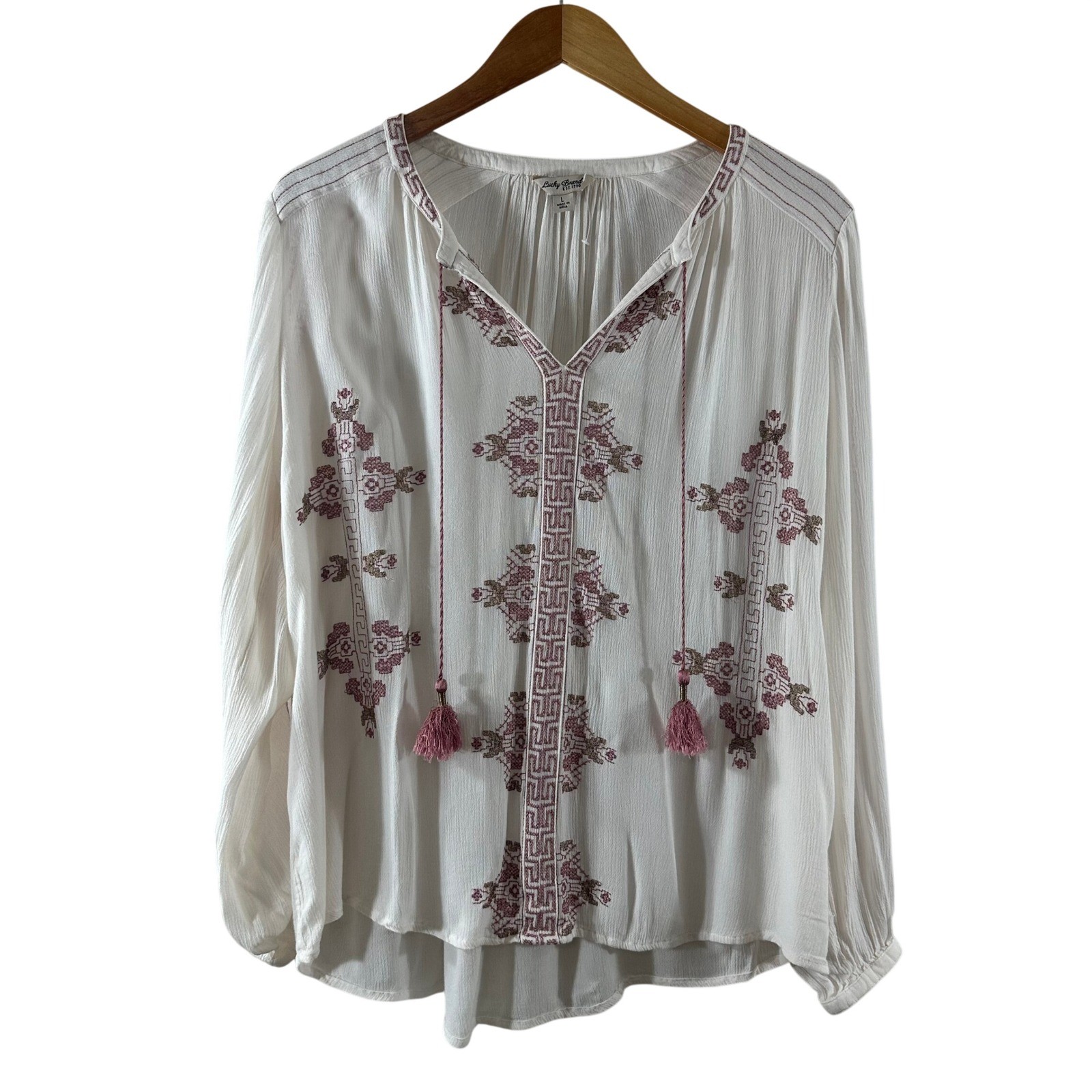 Lucky Brand Womens Embroidered Peasant Top Ivory Mauve Tassel Boho Blouse Large
