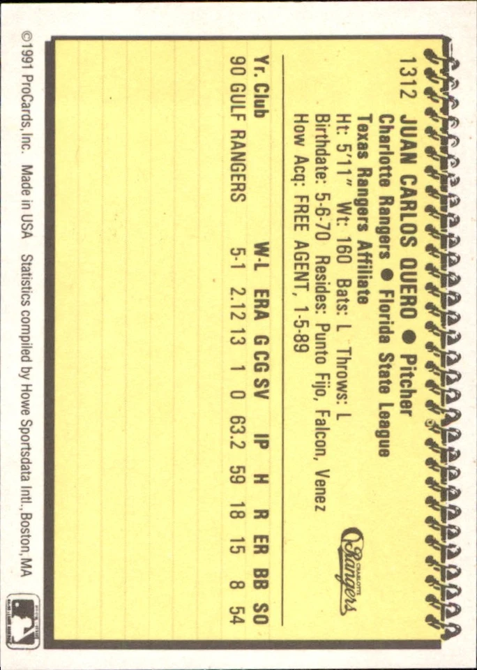 Juan Quero 1991 ProCards #1312 RC Charlotte Rangers *AutographDen* - Image 2 of 2