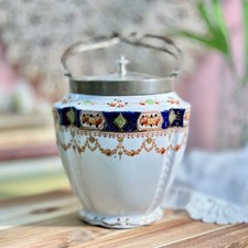 Antique Wild Bros Mona Imari Ceramic Biscuit Barrel EPNS