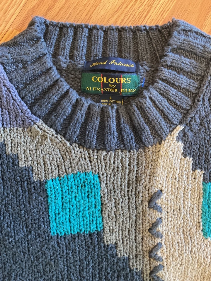 Men's Colorful Geometric Sweater by Alexander Julian Hand Intarsia L.(52"C30"L) - Image 2 of 3