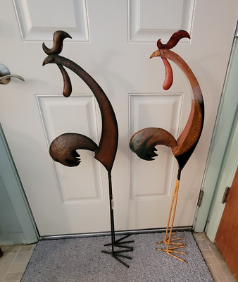 2 Different Long Leg Metal Roosters by Giftcraft Statues 35'' Tall 230332