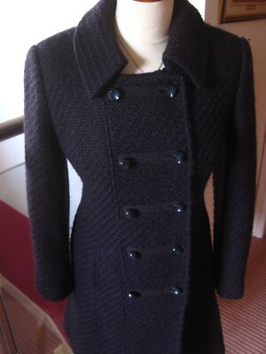 M&S WOOL TRENCH COAT 14 purple military long line jacket PER UNA ladies tweed