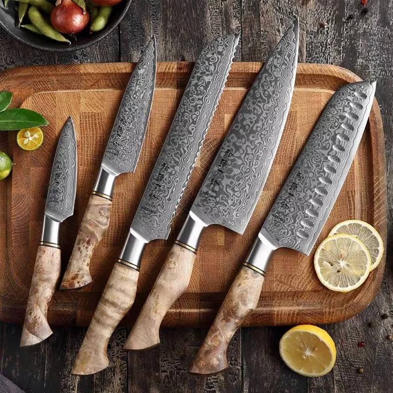 Hand Forged Beautiful Damascus Kitchen Chef Set (Lot of 5) With Leather Sheath