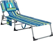 GYMAX Tanning Chair, Folding Beach Lounger with Face Arm Hole, 1, Blue Stripe