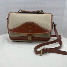 Vintage Dooney  Bourke Pebbled Ivory Brown Carrier Leather Satchel Crossbody