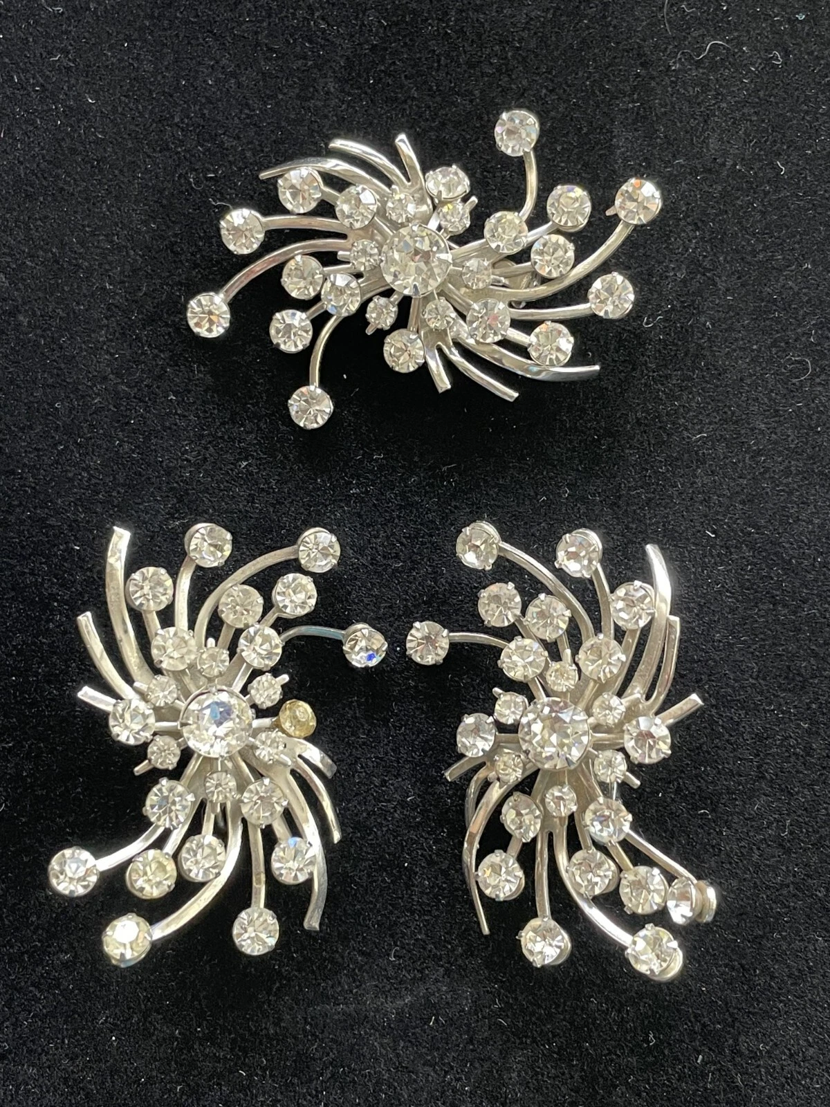 Vintage Silver Tone Rhinestone Atomic Design Clip On Statement Earrings & Brooch