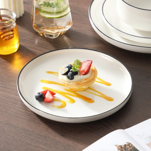 MALACASA 18-Piece Bowl & Plate Set Porcelain Dinnerware Set Black Trim Tableware - Picture 15 of 21