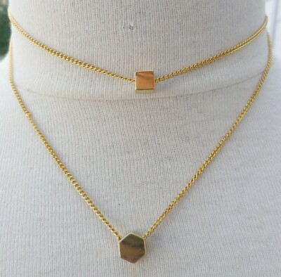 Collier Pendentif Acier Inoxydable Couleur Or Rétro - Pendentif Carré, Deux Hauteurs, Occasion Bon état