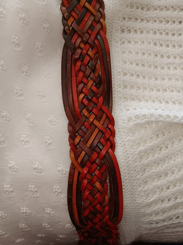 Boho Leather Belt 40"L Braided Rust/Orange/Brown Ornate Brass Buckle~Taiwan VGC - Picture 9 of 9