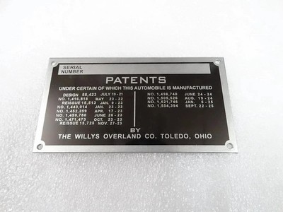 DATA PLATE FOR WILLYS OVERLAND KNIGHT 1926-1934 #V274-8 @GLB