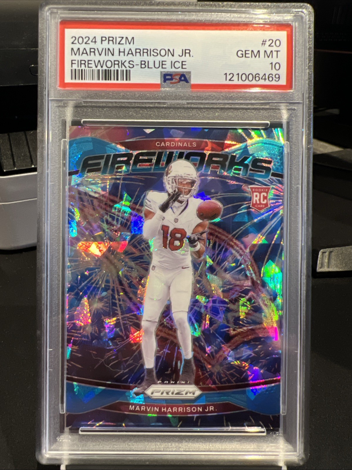 2024 Prizm Marvin Harrison Jr. Fireworks Blue Ice /99 Cardinals RC #20 PSA 10
