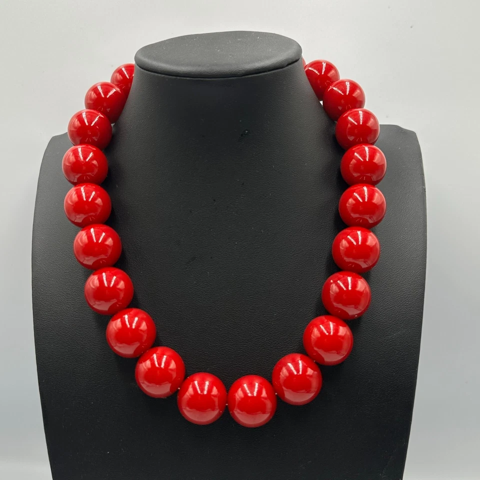 Grueso collar de cuentas rojas cuentas redondas de acrílico de una sola hebra audaz declaración Foto 4 de 4