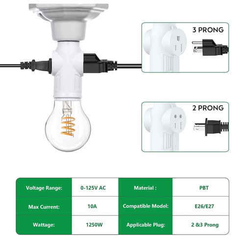 3 Prong Light Bulb Outlet Socket Plug Adapter, Polarized White Light Bulb Soc... - Picture 3 of 8