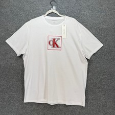 Image of Calvin Klein Tshirt Men XL White Boxed Logo Graphic Crew Neck Cotton NEW