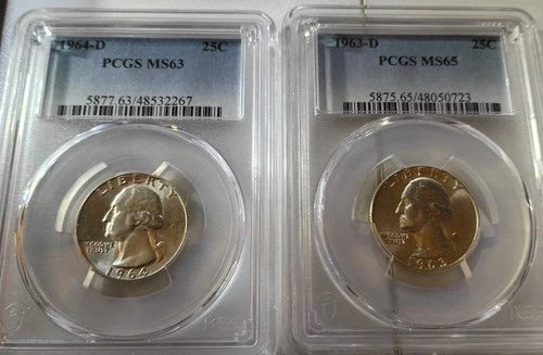 1963D +-1964D 2 Pack PCGS Certified Ms 63 + Ms 65 Washington Silver Quarters .